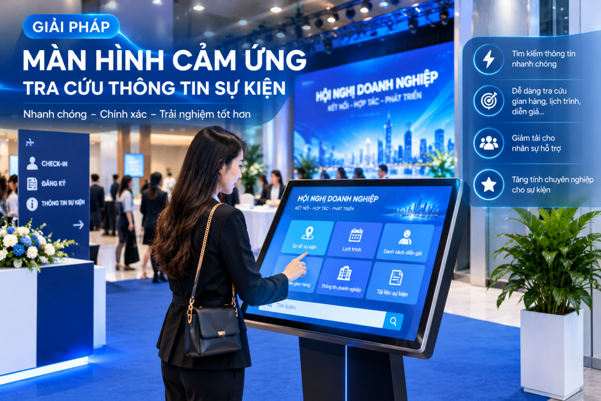 Màn hình cảm ứng 55 inch đặt tại khu vực check in hội nghị