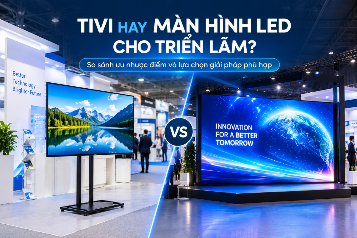 So sánh tivi và màn hình LED tại gian hàng triển lãm