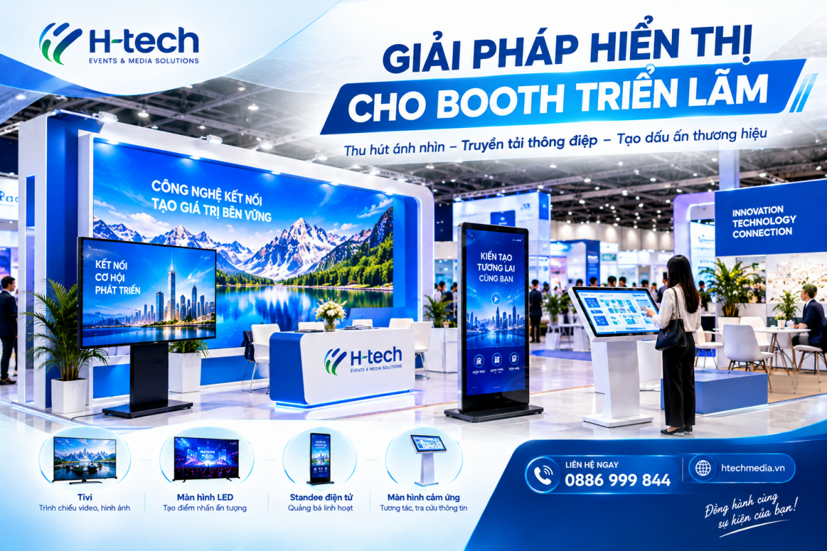 Các thiết bị hiển thị gồm tivi, màn hình LED và standee điện tử tại booth triển lãm