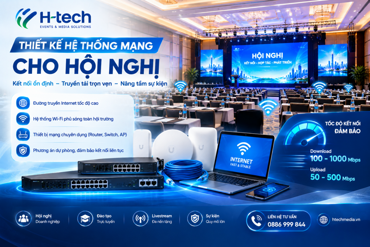 Hệ thống mạng hội nghị gồm đường truyền Internet, router, switch và Access Point Wi-Fi
